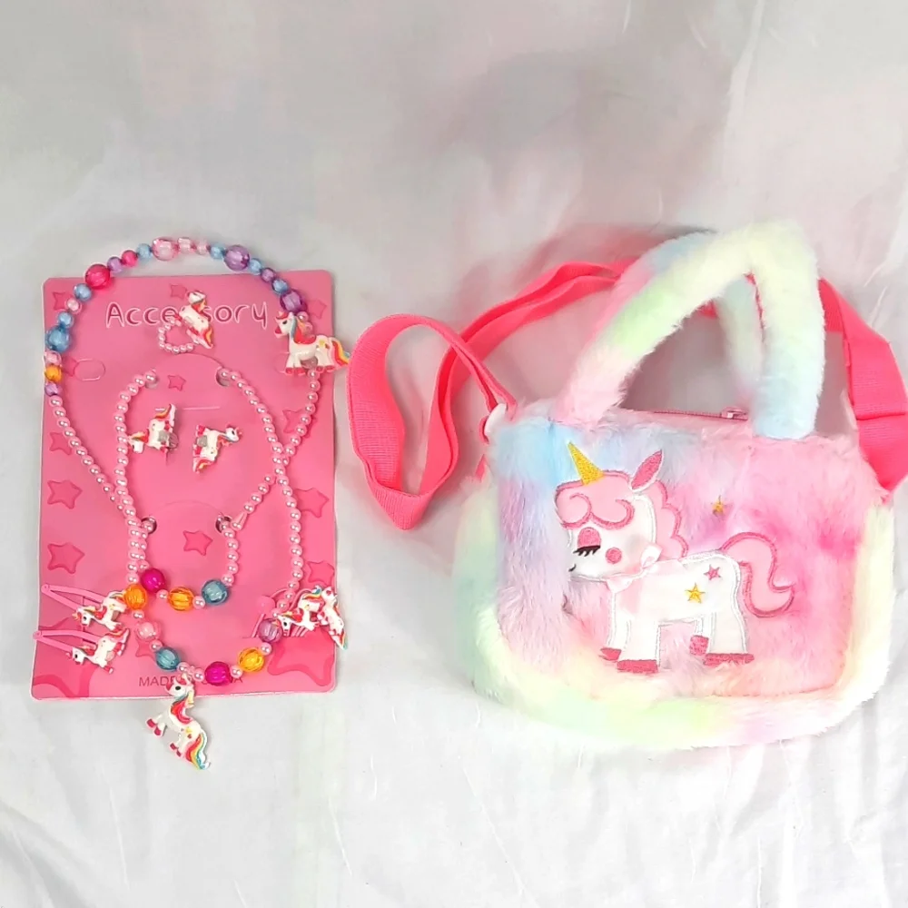 Pink Handbag with Plush Texture and Cartoon Design